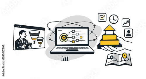 Modern minimal flat vector conceptual collage, crisp hard edges, consistent THIN outline stroke, rounded corners where needed,