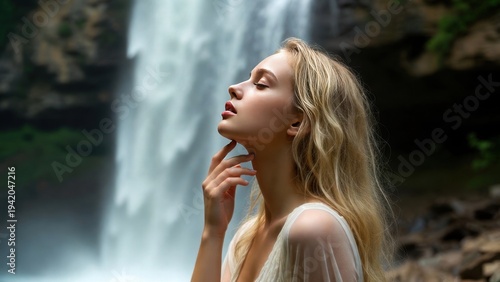 Young caucasian female enjoying nature by waterfall in serene setting.
