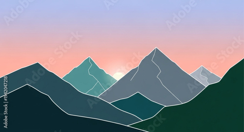 Stylized Mountain Landscape with Sunset Sky.