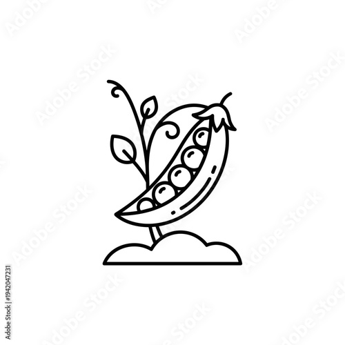 Pea Plant Line Icon, Garden Pea Pod with Seeds Outline Symbol for Gardening and Agriculture
