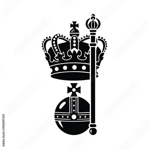A black silhouette depicting a royal crown and scepter emblem