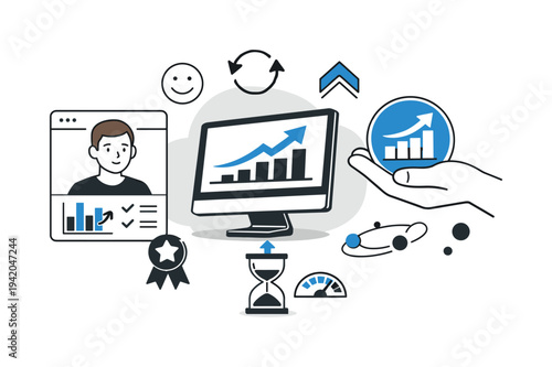 Modern minimal flat vector conceptual collage, crisp hard edges, consistent THIN outline stroke, rounded corners where needed,