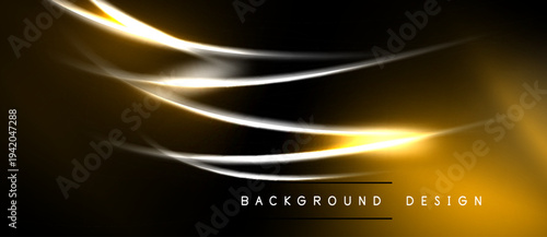 Abstract golden lines over black background. Smooth curves create dynamic visual effect. Minimalist design for presentations, banners.