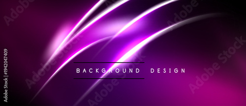 Abstract purple background features dynamic glowing lines. Modern design evokes energy, movement, sophistication. Dark shades dominate composition.