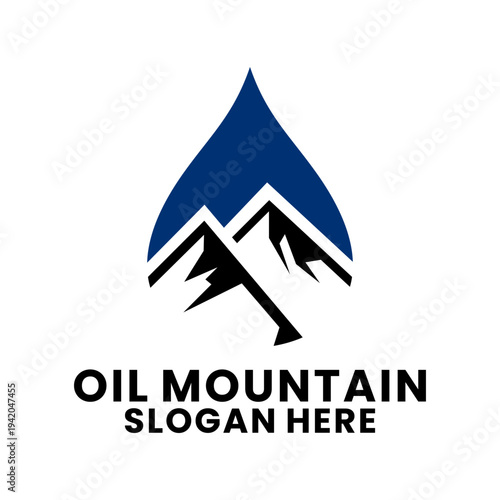 Oil Mountain Logo Design with Blue Drop and Peak Silhouette. Nature oil logo design vector