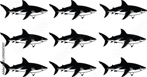 Set of black shark silhouette icons isolated on white background, predatory fish vector illustrations for nautical logos, marine wildlife graphic elements.