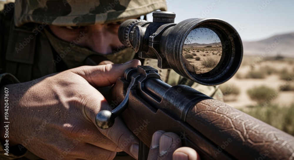 Obraz premium Soldier Aims Sniper Rifle in Desert Landscape