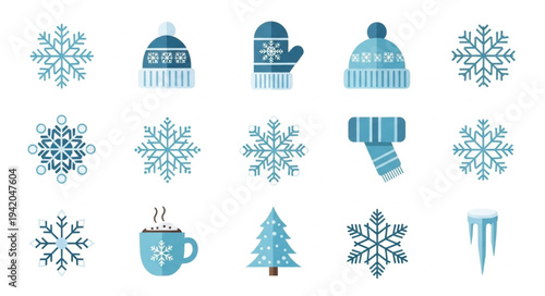 Collection of Various Snowflakes and Winter Elements.
