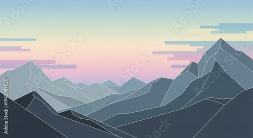 Stylized Mountain Landscape with Layered Peaks and Soft Pastel Colors.