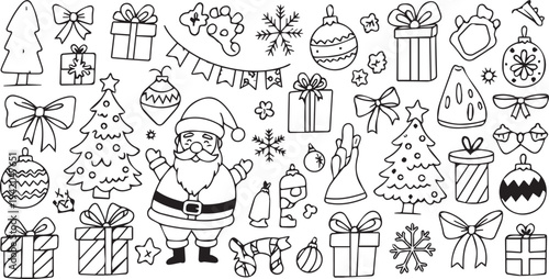 A festive holiday coloring page featuring santa claus and various christmas decorations and gifts