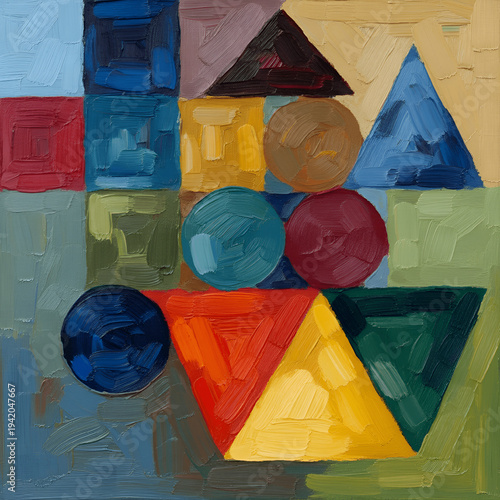 Colorful Abstract Geometric Oil Painting with Layered Shapes and Impasto Texture