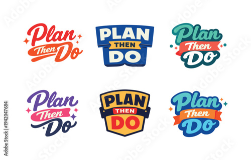 Clean flat holiday banner set illustration featuring modern lettering logo set for Plan Then Do designed for stock marketplaces,
