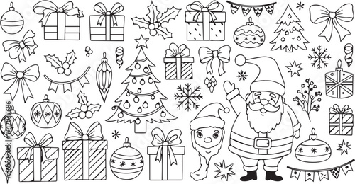 Christmas themed coloring page featuring santa claus and various holiday decorations