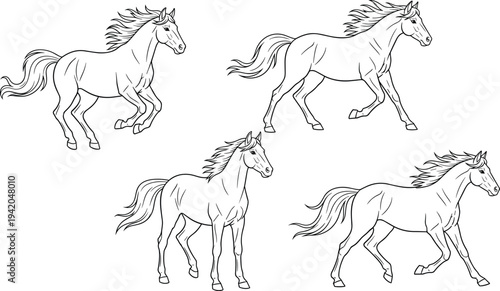 Set of Four Running Horse Line Art Illustrations Featuring Graceful Galloping Stallions in Minimalist Black and White Vector Outline Style