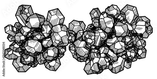 Hand drawn cluster of sharp crystals and mineral stones in a vintage engraving style