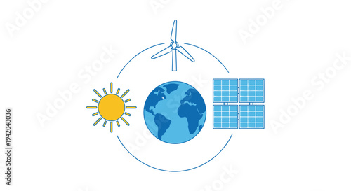 Global clean energy concept featuring Earth globe, sun, wind turbine, and solar panels, symbolizing renewable resources and sustainable living on an isolated light background.