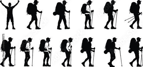 Set of hiker silhouette vector illustrations with cad drawing flat vector illustration, featuring trekking, backpacking, and mountain climbing isolated icons.