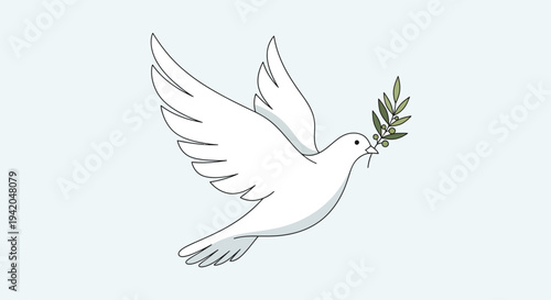 Pure white dove flying gracefully, carrying a fresh green olive branch in its beak, symbolizing peace and hope on an isolated light blue background, radiating tranquility.