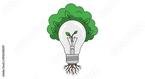 Green eco light bulb with tree and sprout symbolizing clean energy innovation