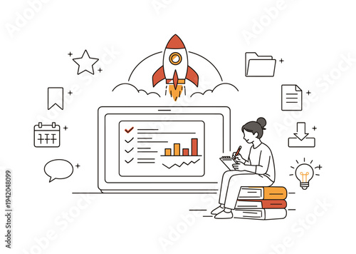 Remote roadmap wrap-up scene showing completion and momentum with a rocket hero symbol above a tablet summary card, character