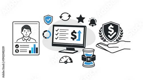 Modern minimal flat vector conceptual collage, crisp hard edges, consistent THIN outline stroke, rounded corners where needed,