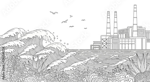 Industrial factory by active ocean waves with marine life and smoke, detailed line art for coloring book, showing environmental impact.