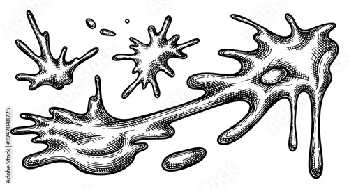 Collection of dynamic liquid splatters and drips in a stylized engraving style