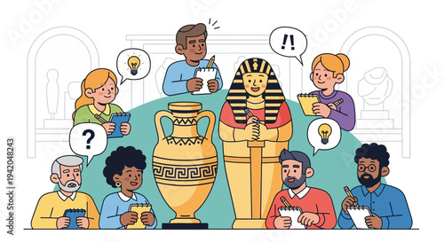 Diverse group of curious people learning and discussing ancient Egyptian artifacts in a museum, fostering discovery and historical understanding.