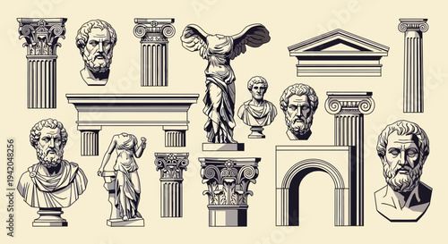 Diverse collection of ancient Greek and Roman sculptures and architectural elements, showcasing classical art and history on a bright studio background.