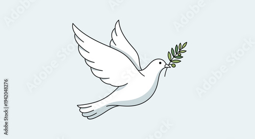 White dove flying gracefully, holding an olive branch in its beak, symbolizing peace and hope on a light blue background.