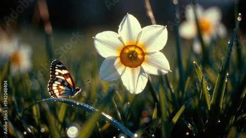 Butterfly resting on daffodil in sunlit meadow scene.
