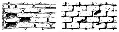 Set of horizontal brick wall sections with cracked texture in hand drawn engraving style