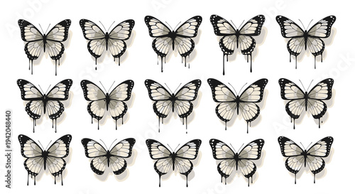 Set of 12 black and white butterflies vector