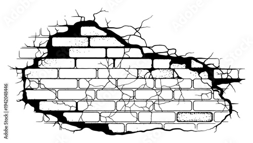Broken concrete wall revealing brickwork layer with deep cracks in vintage ink style