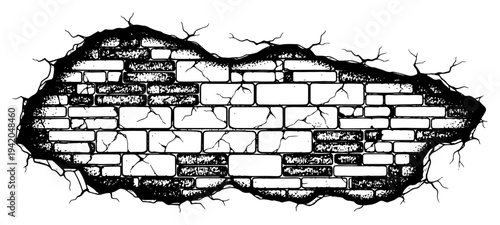 Grunge hole in a wall showing old brick masonry with cracked plaster edges