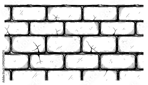 Close up of large stone blocks masonry with fine cracks in hand drawn style