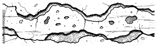 Damaged concrete wall surface with cracks and holes in vintage sketch style