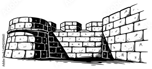 Old stone castle wall fortification in detailed hand drawn etching style
