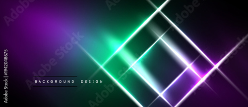 Abstract neon lines create dynamic geometric pattern. Purple, green gradients blend into dark background. Modern design element.