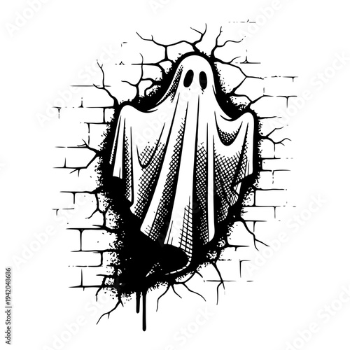 Spooky ghost figure emerging from a cracked brick wall in detailed ink style
