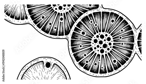 Abstract citrus fruit slices cross section in a detailed vintage engraving style