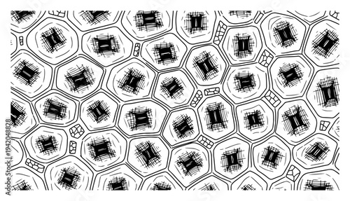 Microscopic plant cell structure pattern in a detailed hand drawn ink style