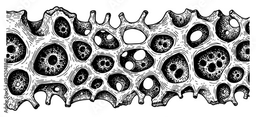 Organic porous sponge or bone tissue structure in detailed hand drawn etching style