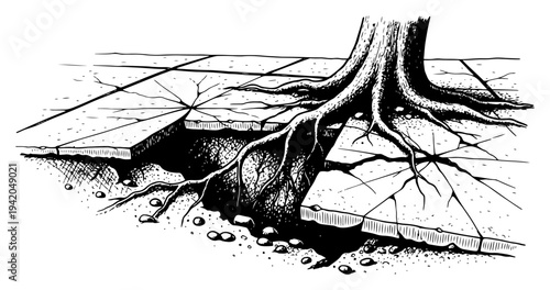 Strong tree roots breaking through urban sidewalk pavement and concrete tiles in vintage ink style