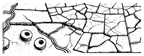 Cracked earth and dry soil texture with circular elements in a vintage engraving style
