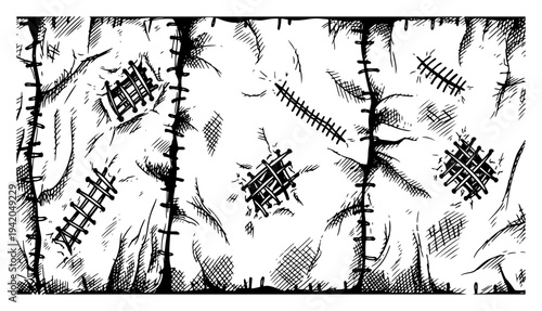 Grungy stitched skin and fabric texture with patches and sutures in hand drawn style