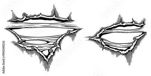 Torn paper effect or ripped surface showing layers in detailed hand drawn style