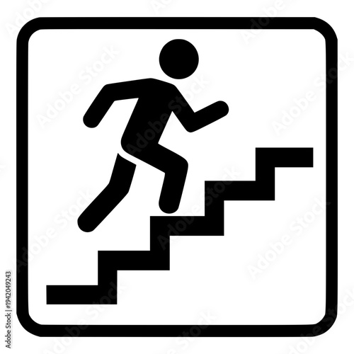 Person running up stairs, ascending steps quickly, energetic movement, black and white icon