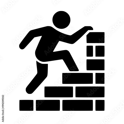 Person climbing brick wall, overcoming obstacle, black silhouette, white background