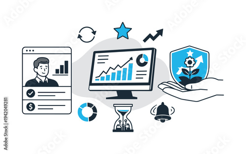 Modern minimal flat vector conceptual collage, crisp hard edges, consistent THIN outline stroke, rounded corners where needed,